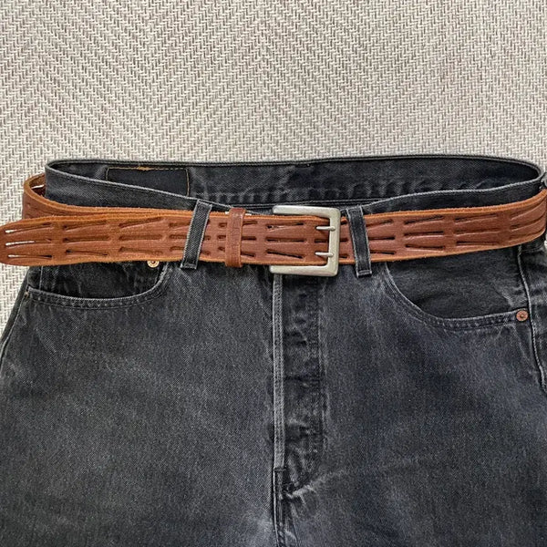 [BUNJANG] Vintage Slit Cut-Out Brown Leather Belt / 빈티지 슬릿 컷아웃 브라운 레더벨트