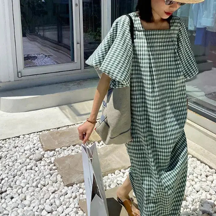 [BUNJANG] Green Check Loose Fit Long Dress / 루즈핏 그린체크 롱원피스