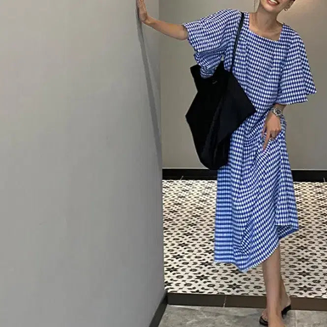 [BUNJANG] Loose Fit Long Dress Blue Checkered / 루즈핏 롱원피스 블루