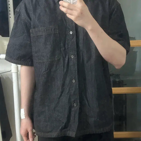 [BUNJANG] 8 Seconds Lightweight Short-Sleeve Denim Shirt - Black XL / 에잇세컨즈 경량 반소매 데님 셔츠 - 블랙 XL
