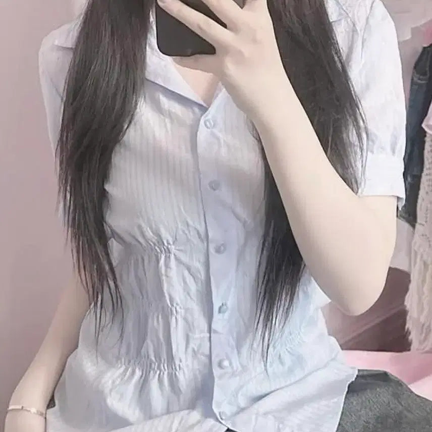 [BUNJANG] IKO Vintage Blue Shirring Shirt / 이코 빈티지 블루 셔링 셔츠 일브 일본빈티지