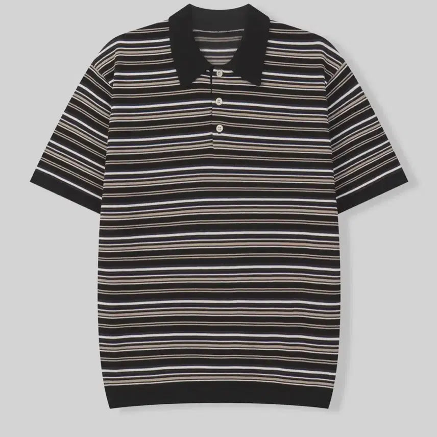 [BUNJANG] Modern Stripe Collar Knit Polo [Black Mix] L / 모던 스트라이프 카라 니트 폴로 [블랙믹스] L