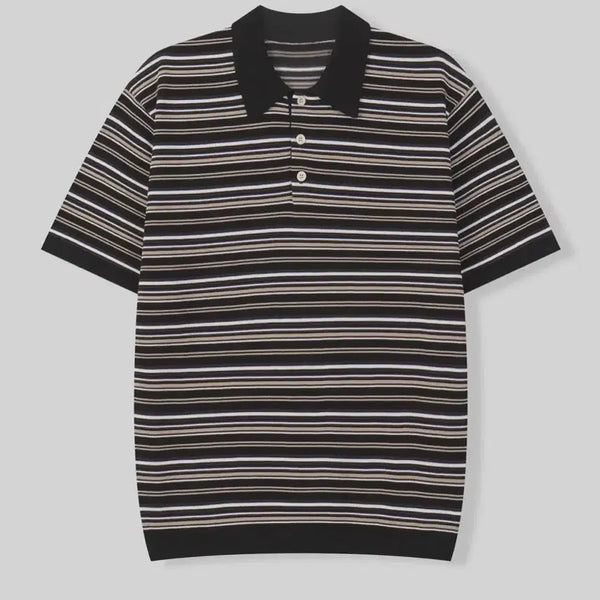 [BUNJANG] Modern Stripe Collar Knit Polo [Black Mix] L / 모던 스트라이프 카라 니트 폴로 [블랙믹스] L
