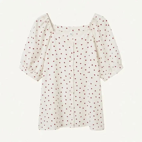 [BUNJANG] Heart Dot Square Neck Short Sleeve Blouse / [새상품] 하트 도트 스퀘어넥 반팔 블라우스