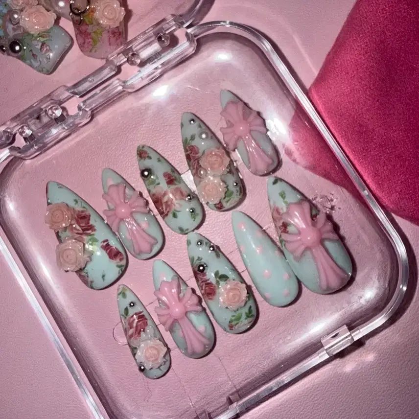 [BUNJANG] Handmade Mint Flower Custom Nail Tips / 수제네일팁 판매 민트 꽃 주문제작