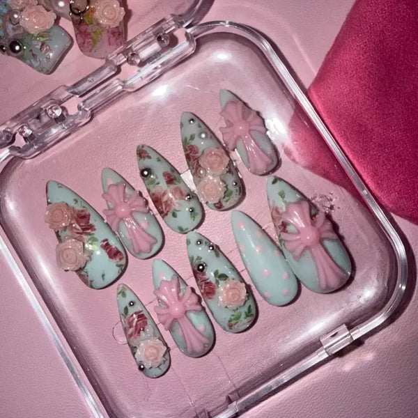 [BUNJANG] Handmade Mint Flower Custom Nail Tips / 수제네일팁 판매 민트 꽃 주문제작