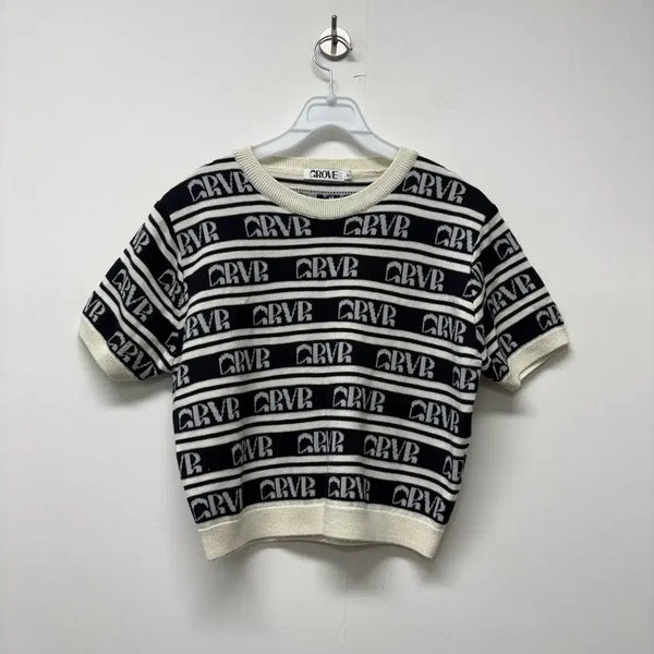 [BUNJANG] Grove Color-Block Stripe Logo Short-Sleeve Knit / 그로브 배색 스트라이프 로고 반팔 니트