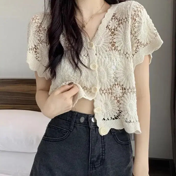 [BUNJANG] Cute Crochet Knit Cardigan Short Sleeve / 큐티 크로세 니트 가디건 반팔