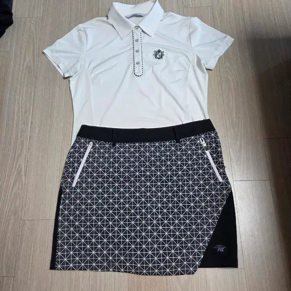 [BUNJANG] Golf Wear Set - White Top & Pattern Skirt / 골프옷세트