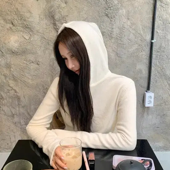 [BUNJANG] Love me more Superfine Soft Knit Hoodie Ivory, Charcoal / 러브미우 슈퍼파인 소프트 니트 후드 아이보리,차콜