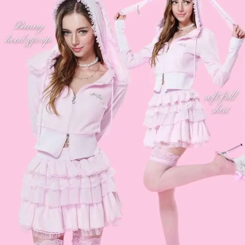 [BUNJANG] Chouchou Cherry Bunny Two-Way Hooded Zip-Up Set / 슈슈체리 버니 투웨이 후드집업 세트