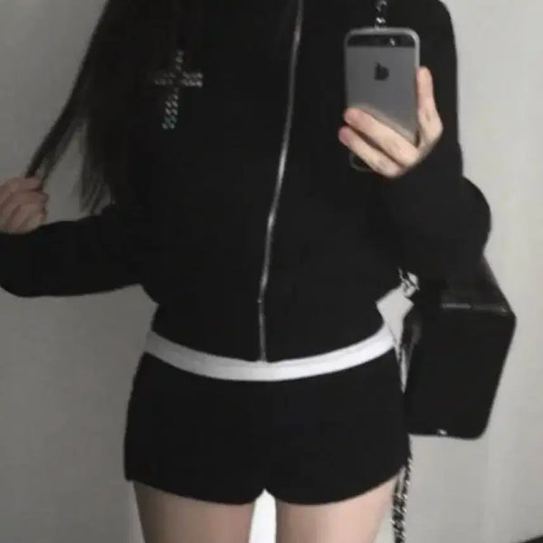 [BUNJANG] Cross Highneck Zip-Up Studded Long Sleeve Jacket / 십자가 하이넥 사선 집업 판매 스터드집업 하이넥집업 빈티지 긴팔