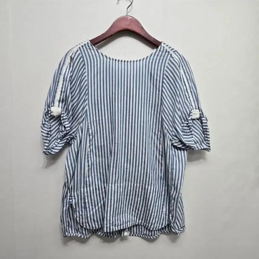 [BUNJANG] SJSJ Linen Silk Blend Striped Short Sleeve Blouse / 한섬 SJSJ 린넨 실크 혼방 스트라이프  반팔 블라우스