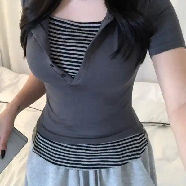[BUNJANG] Avely Layered Stripe T-Shirt Set / 에이블리 반팔 티셔츠 판매