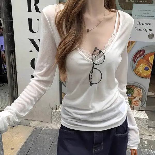 [BUNJANG] Sheer V-Neck Long Sleeve T-Shirt White / 새상품 브이넥 시스루 긴팔 티셔츠 화이트 free