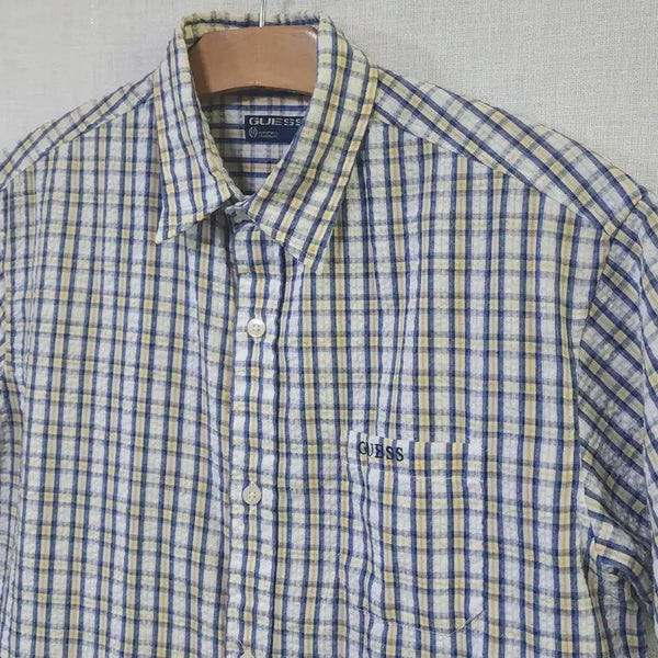 [BUNJANG] GUESS Genuine Seersucker Fabric Short Sleeve Shirt Summer Check 90 / GUESS 게스 정품 지지미 원단 반팔 셔츠 여름 남방 체크 90