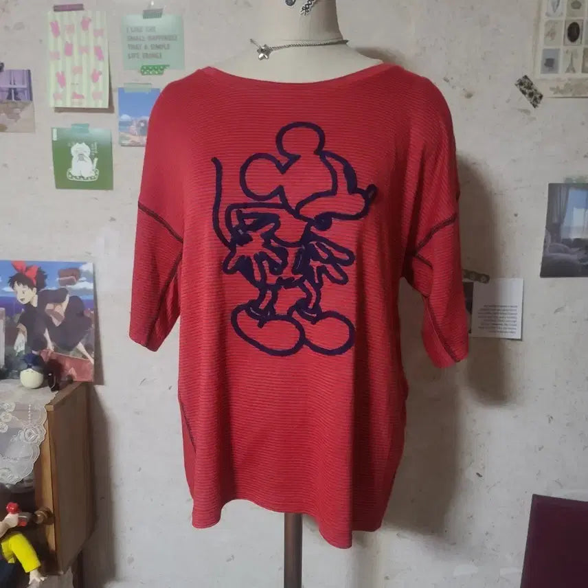 [BUNJANG] Disney Mickey Mouse Red Striped T-Shirt / 디즈니 미키마우스 빨강 줄무늬 티셔츠
