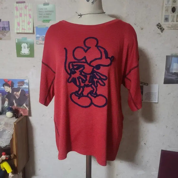 [BUNJANG] Disney Mickey Mouse Red Striped T-Shirt / 디즈니 미키마우스 빨강 줄무늬 티셔츠