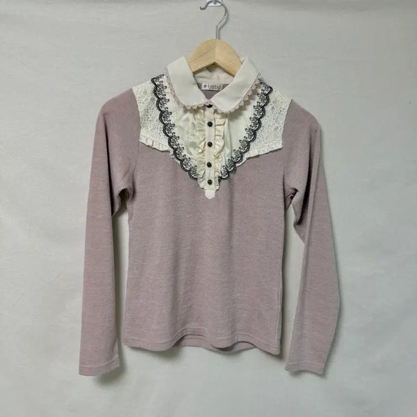 [BUNJANG] Axizfarm Lace Collar Knit Top - Mori Girl Balletcore Indie Pink / 엑시즈팜 레이스 카라 니트탑 모리걸 발레코어 인디핑크