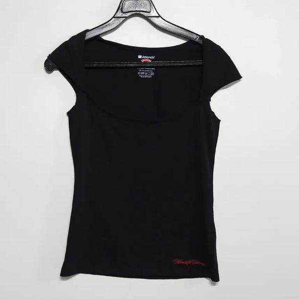 [BUNJANG] Attends Fru Fru Black Short Sleeve T-Shirt Square Neck Size 55 / 어텐즈 프루프루 티셔츠 블랙 반팔 55 스퀘어넥