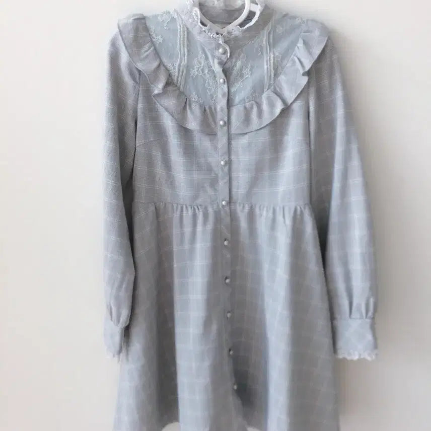 [BUNJANG] Rosita Grey Check Lace Pearl Button Vintage Dress / (미시착) 로지타 그레이 체크 레이스 진주 단추 고전 앤틱 원피스 판매
