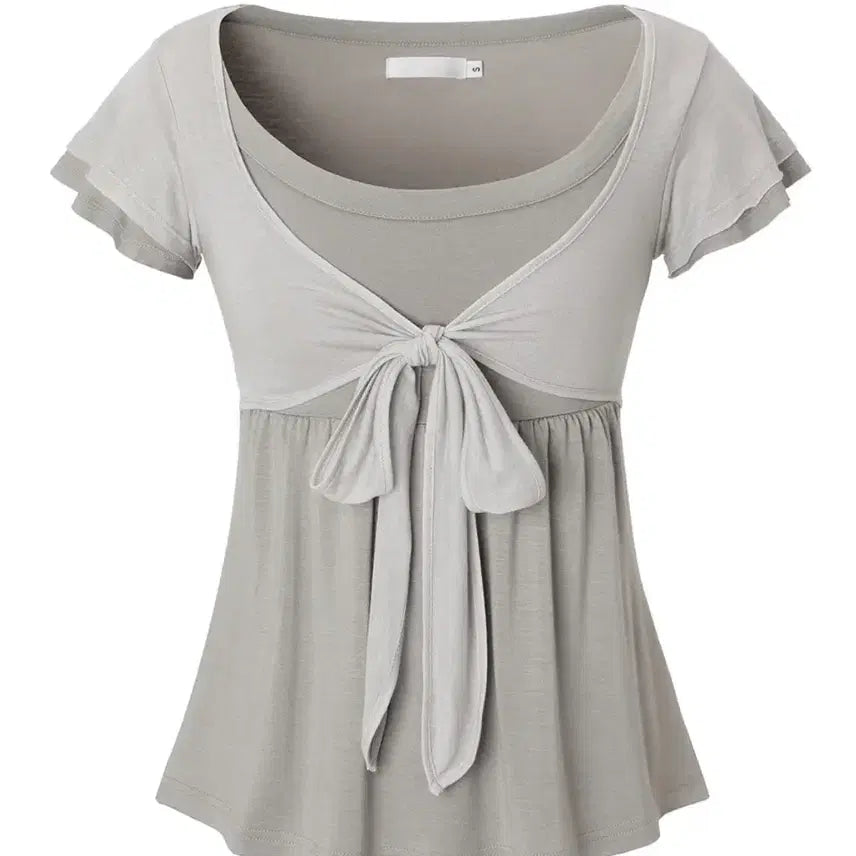 [BUNJANG] Third Time Soft Ribbon Top Beige Short Sleeve M / 쓰리타임즈 소프트 리본 탑 베이지 반팔 M