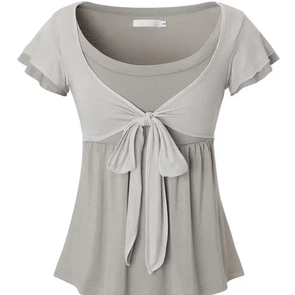 [BUNJANG] Third Time Soft Ribbon Top Beige Short Sleeve M / 쓰리타임즈 소프트 리본 탑 베이지 반팔 M