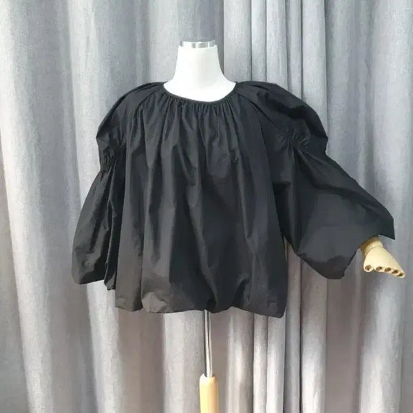 [BUNJANG] Black Crinkled Puff Sleeve Blouse / 바스락 블랙 퍼프 블라우스