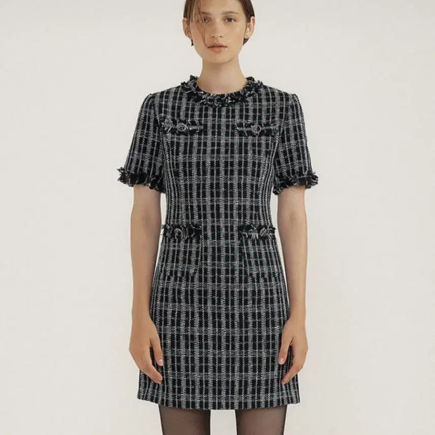 [BUNJANG] Lusirju Black Check Tweed Mini Short Sleeve Dress S / 루시르주 블랙 체크 트위드 미니 반팔 원피스 s