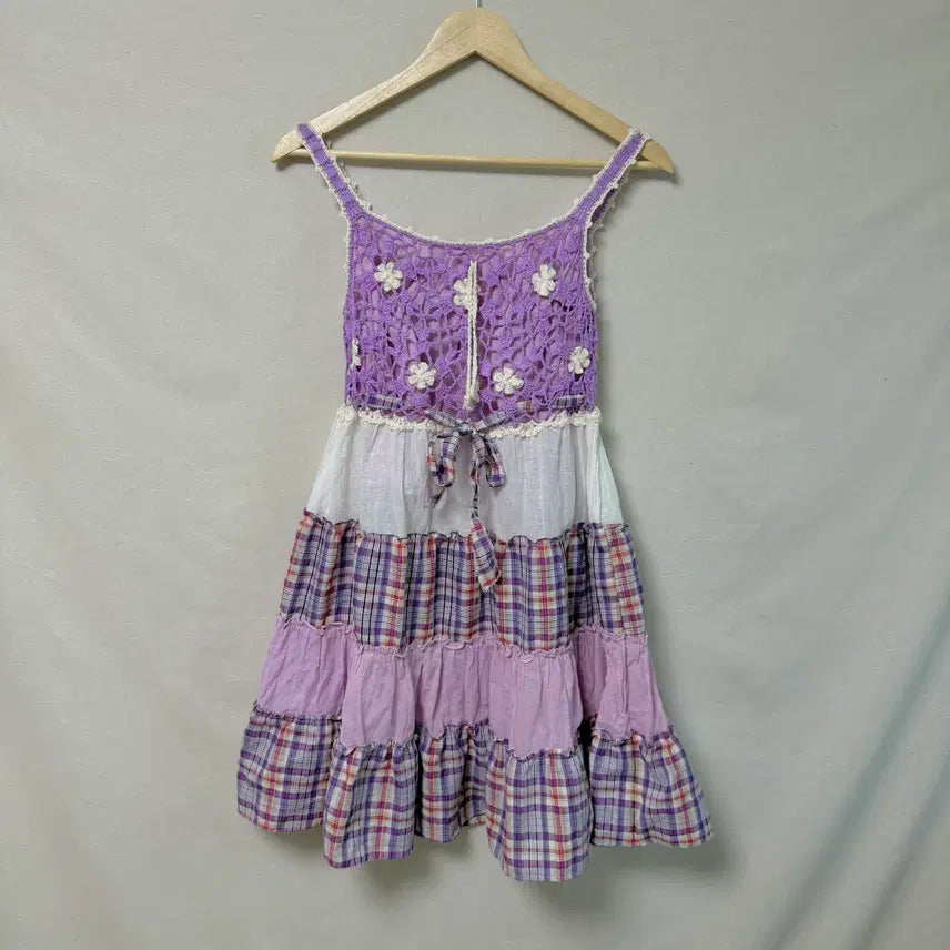 [BUNJANG] Lavender Flower Crochet Check Tiered Mori Girl Fairycore Dress / 라벤더 플라워 크로셰 체크 캉캉 퍼플 원피스 모리걸 페어리코어