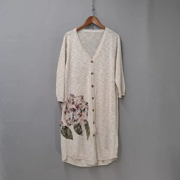 [BUNJANG] Brand Rayon Blend Beige Floral Embroidery Long Cardigan / 브랜드 레이온혼방 베이지 꽃 자수 롱 가디건