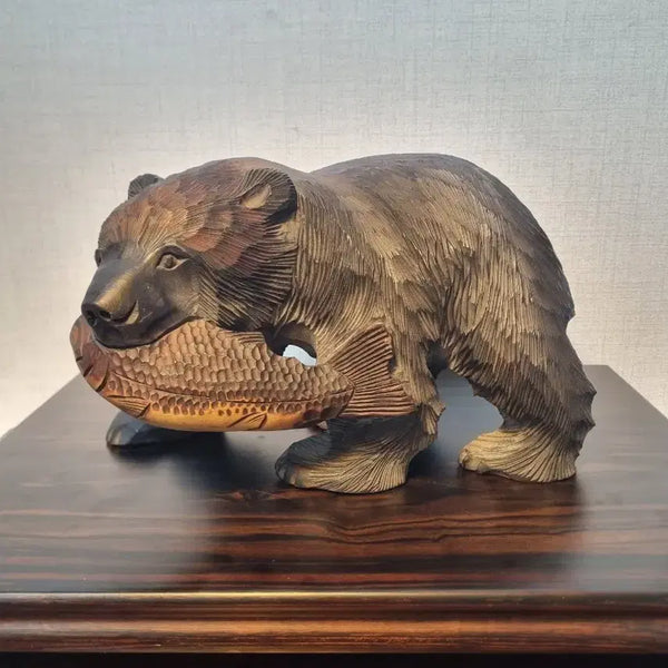 [BUNJANG] Japanese Hokkaido Salmon Bear Wood Carving Sculpture - 31cm / 일본 홋가이도 연어 곰 목공예 조각품 - 31cm