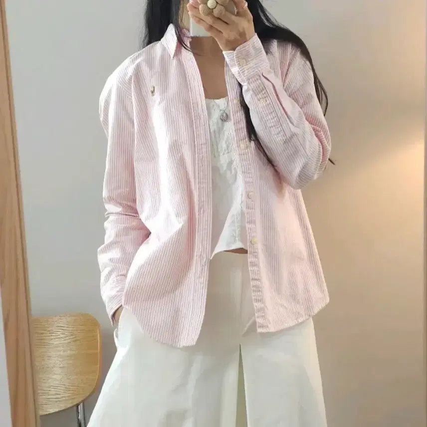 [BUNJANG] Ralph Lauren Sport Women's Pink Stripe Long Sleeve Shirt / (8)랄프로렌스포츠 여자 긴팔 셔츠 핑크 스트라이프 남방 H3W2277