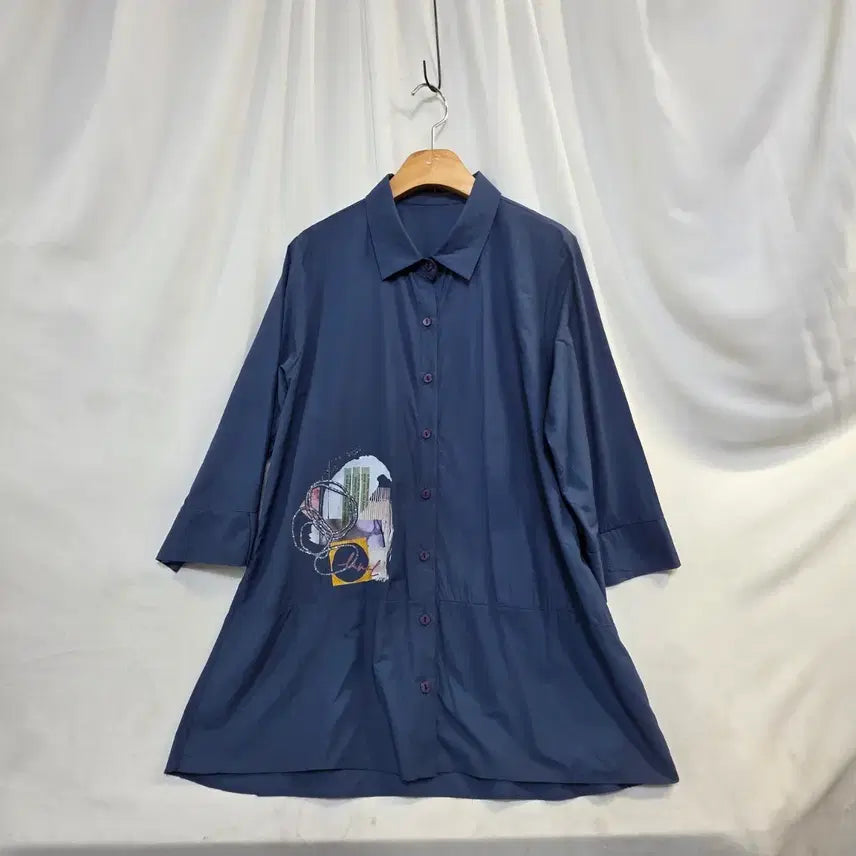 [BUNJANG] Women's Navy 3/4 Sleeve Shirt Patch Detail / 여성  네이비 7부 셔츠F