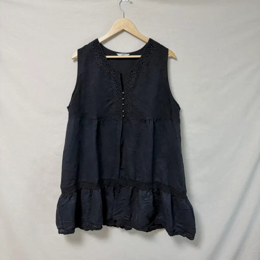 [BUNJANG] Black Suede Lace Bean Button Frill Dress Mori Girl / 블랙 스웨이드 레이스 콩단추 프릴 원피스 모리걸 하구미