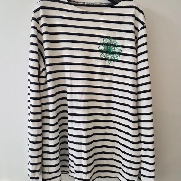 [BUNJANG] Mardi Mercredi Women's Stripe Flower Embroidery Long Sleeve T-Shirt / 마르셀로 롱슬리브 티셔츠 화이트/네이비 스트라이프 플라워 자수