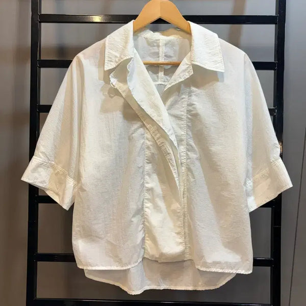 [BUNJANG] SYSTEM White Layered Collar Short Sleeve Shirt / [85] 시스템 SYSTEM 화이트 레이어드 카라 반팔 셔츠 4.5
