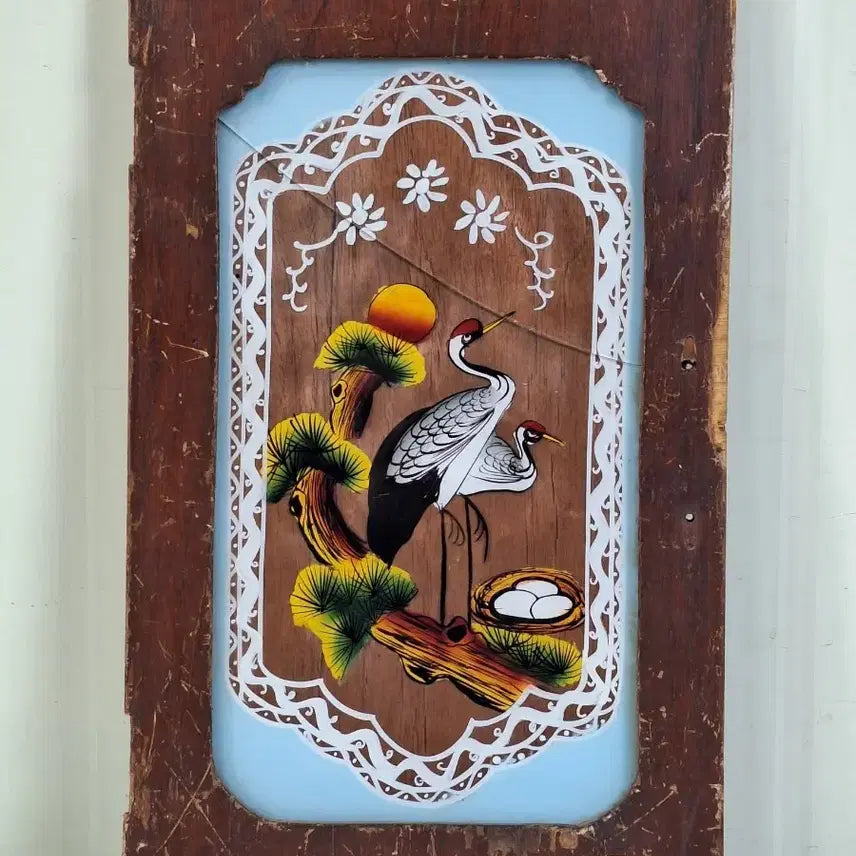 [BUNJANG] Antique Korean Glass Painting of Pine Tree and Cranes / 근대사 수집 자료 옛날 민속품 유리 송학 그림