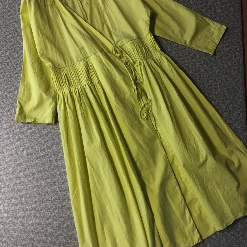 [BUNJANG] Wicomo Cotton Ribbon Robe Long Dress Lime / 위꼬모 바스락 코튼 리본 총총 로브 롱 원피스 라임 휴가룩