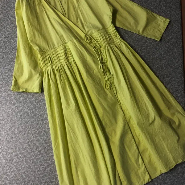 [BUNJANG] Wicomo Cotton Ribbon Robe Long Dress Lime / 위꼬모 바스락 코튼 리본 총총 로브 롱 원피스 라임 휴가룩