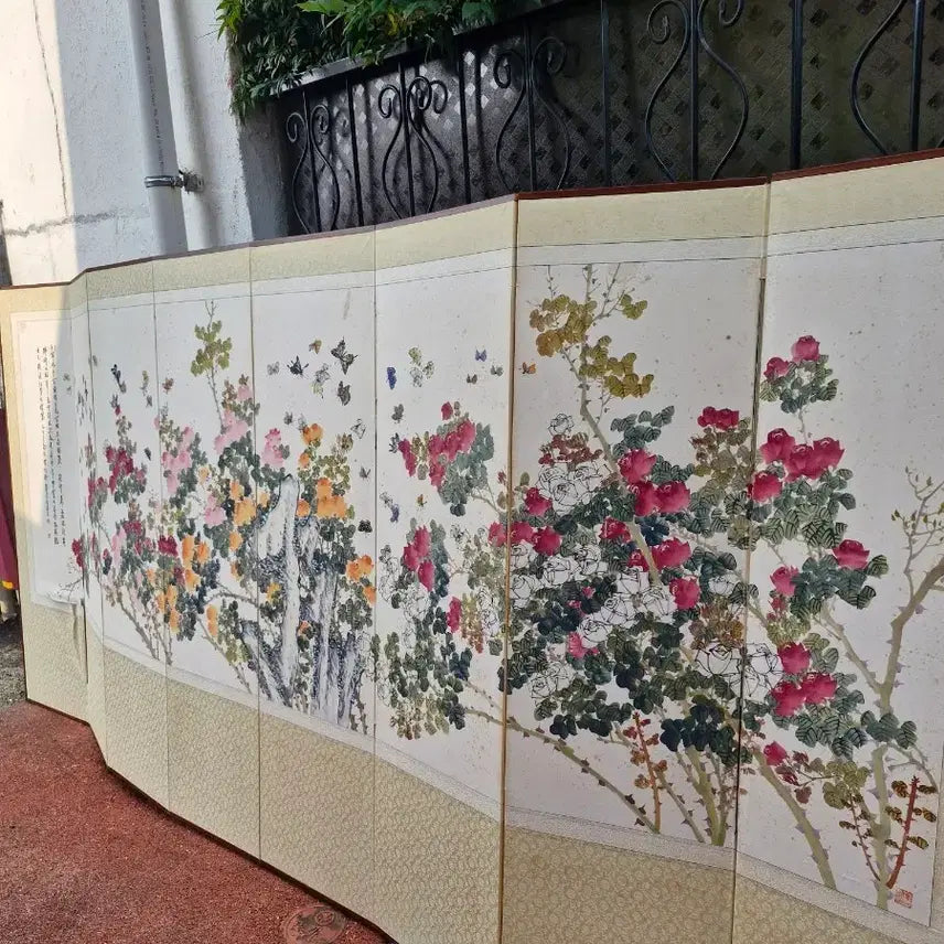[BUNJANG] Hwagang Lee Young-woo 8-Panel Folding Screen with Birds and Flowers / 화강 이영우 8폭 화조도 일자병풍 고가구 골동품