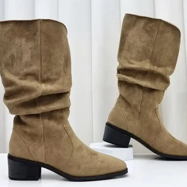 [BUNJANG] Beige Suede Shirring Long Boots / 베이지색 스웨이드 셔링 롱부츠 에이블리