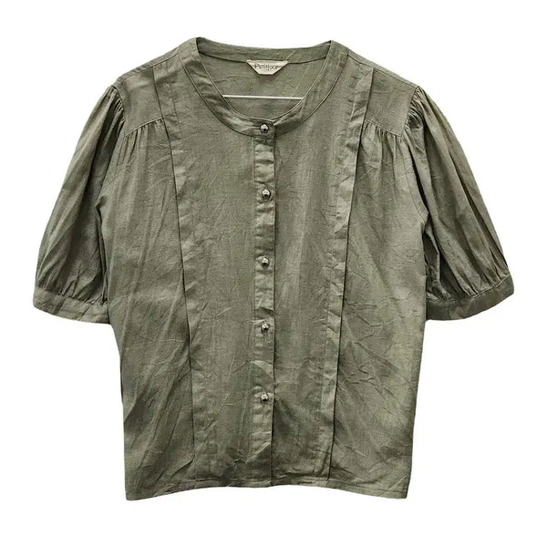 [BUNJANG] Natural Mori Sage Green Linen Puff Blouse L / 내추럴 모리 세이지그린 린넨 퍼프 블라우스 L