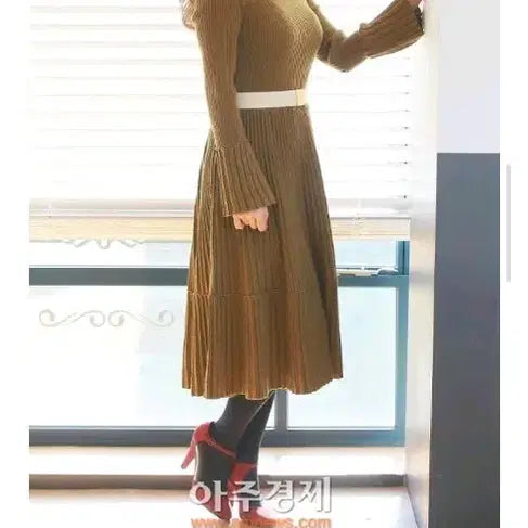 [BUNJANG] System Moon Jung Hee Knit Dress Khaki Long Sleeve / 시스템  문정희 니트 원피스 하객룩 출근룩