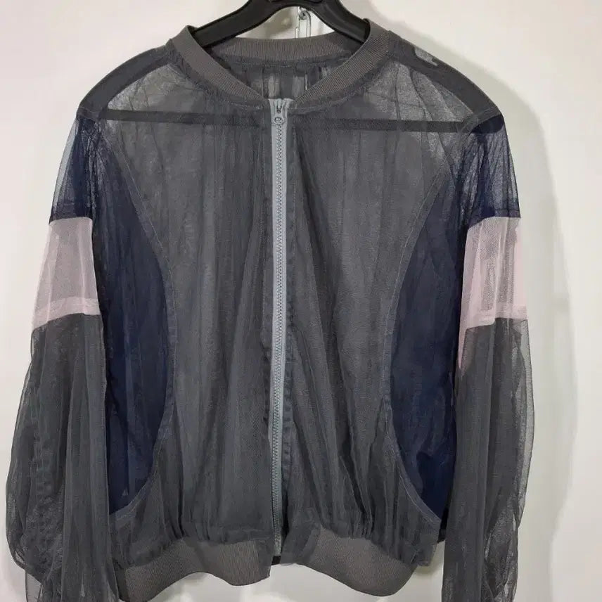 [BUNJANG] Sheer Bomber Short Jacket (Color Block) / 시스루 봄버 숏자켓 그레이 네이비 핑크 배색
