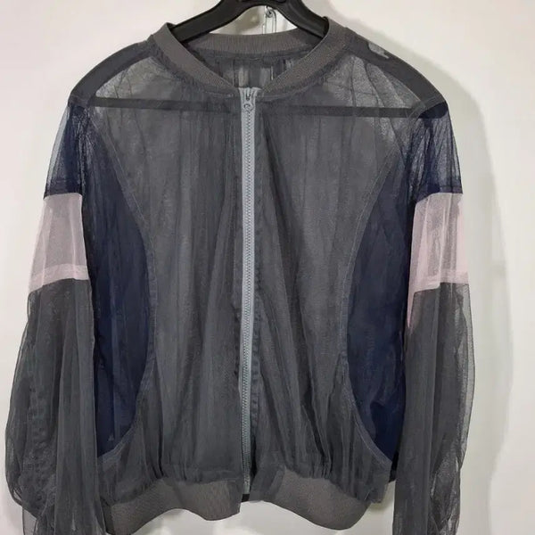 [BUNJANG] Sheer Bomber Short Jacket (Color Block) / 시스루 봄버 숏자켓 그레이 네이비 핑크 배색