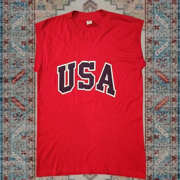 [BUNJANG] 80s Made in USA Red Medallion Sleeveless Top M / 80s Made in USA 메달리온 빈티지 레드 슬리브리스 M