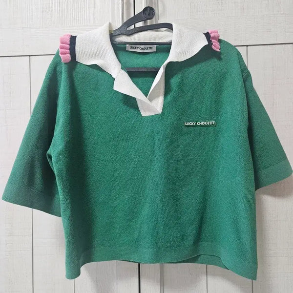 [BUNJANG] Lucky Chouette Green Short Sleeve Knit Polo Shirt / 럭키슈에뜨 그린 반팔 카라 니트