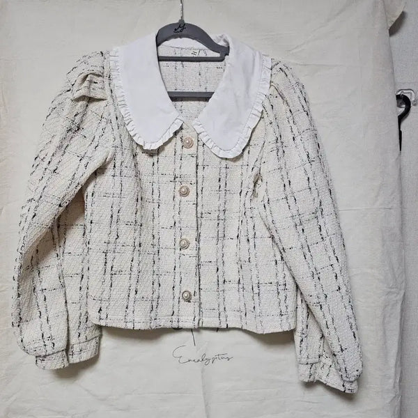 [BUNJANG] Ivory Tweed Pearl Button Puff Sleeve Jacket / 아이보리 트위드 진주 단추 퍼프 소매 자켓