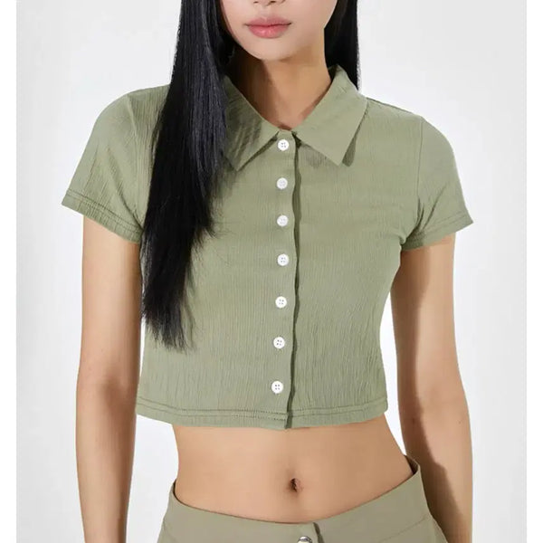 [BUNJANG] Mixo Collar Crop Short-Sleeve T-Shirt Olive / 1회착 미쏘 카라 크롭 반팔티 올리브